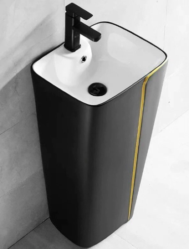 Lavabo Sứ Trụ Đứng Liền Khối Đen Viền Vàng