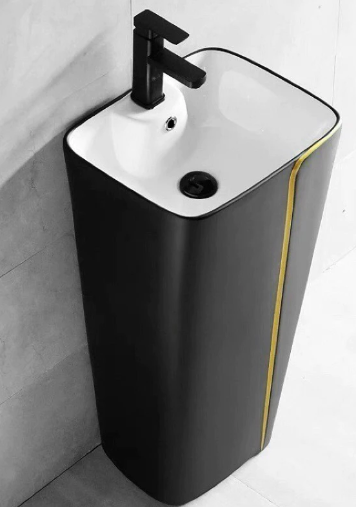 Lavabo Sứ Trụ Đứng Liền Khối Đen Viền Vàng