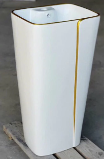 Lavabo Sứ Trụ Đứng Liền Khối Trắng Viền Vàng