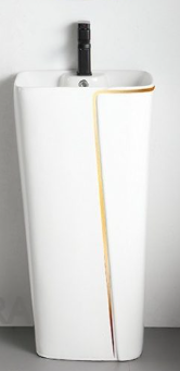 Lavabo Sứ Trụ Đứng Liền Khối Trắng Viền Vàng
