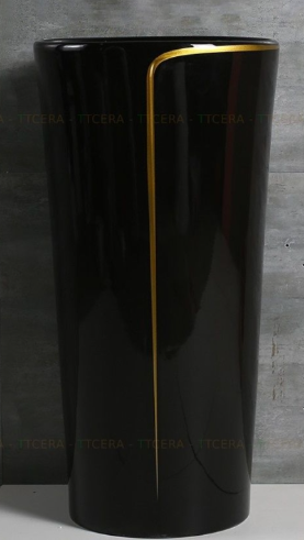 Lavabo Sứ Trụ Đứng Liền Khối Tròn Đen Viền Vàng