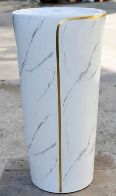 Lavabo Sứ Trụ Đứng Liền Khối Tròn Trắng Viền Vàng