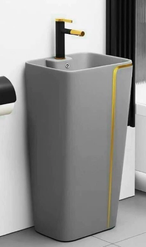 Lavabo Sứ Trụ Đứng Liền Khối Xám Viền Vàng